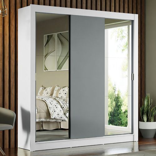Guarda-roupa Casal Madesa Mônaco 3 Portas Correr Espelhos Bc Cor Branco/Cinza