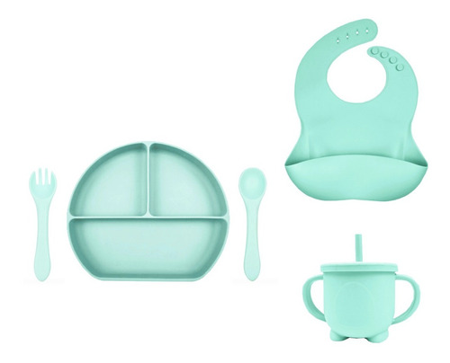 Plato Con Tapa + Cubiertos + Babero + Vaso Antiderrame