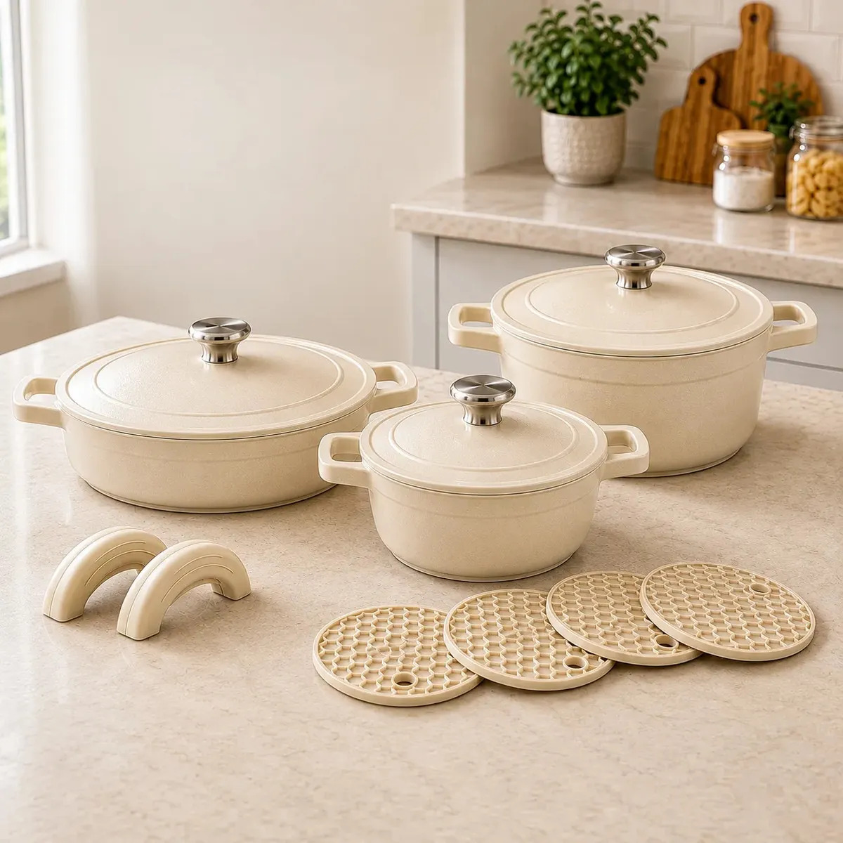 Conjunto De Panelas Luxena Creme 8 Peças Com Revestimento Antiaderente E Indução Fogão A Gas Eletrico Grossa Com Pegador E Descanso Borracha