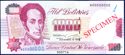 Billete Specimen En Rojo 1000 Bolívares A8 Diciembre 8 1992