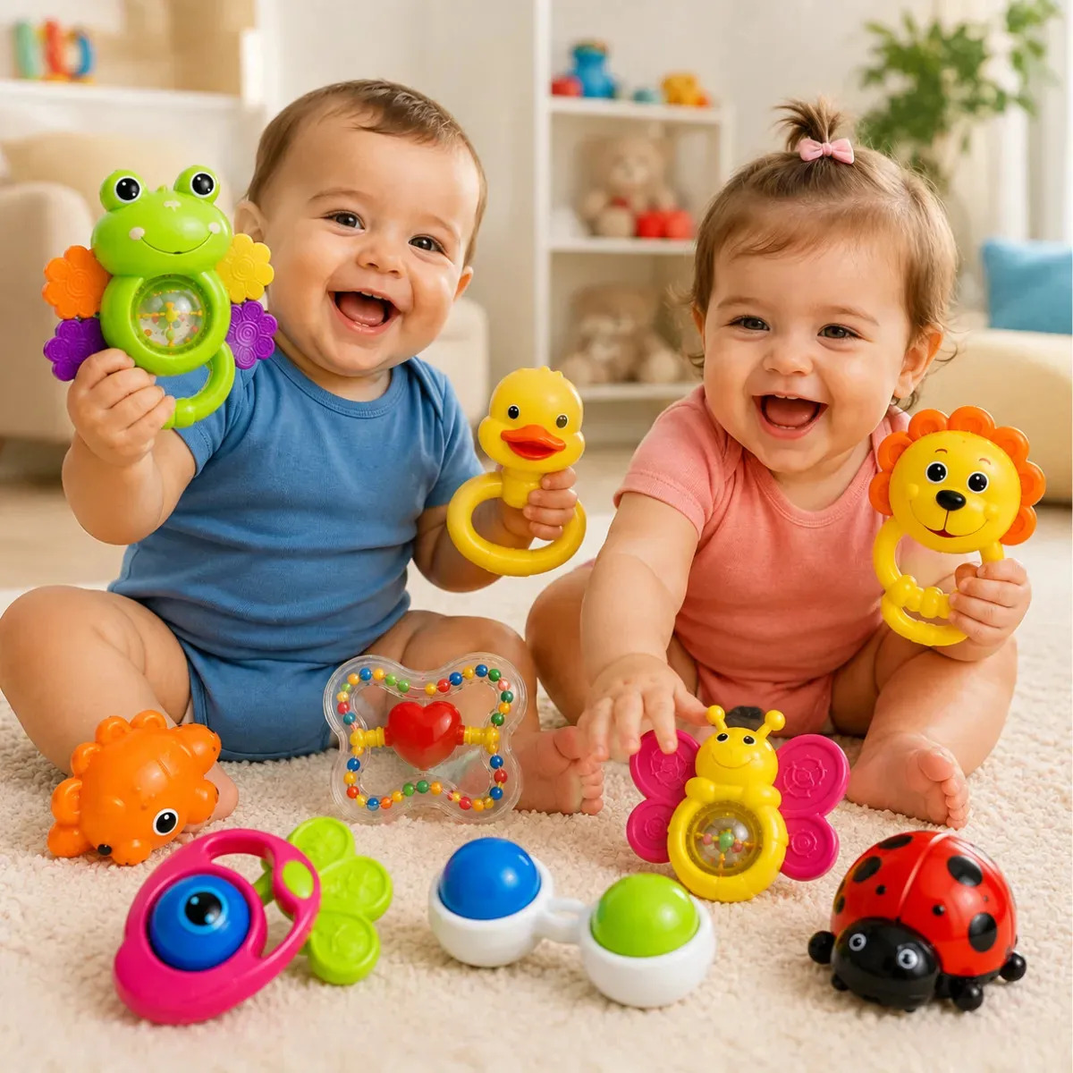 Kit Chocalho Bebe E Mordedores Para Recem Nascido +6 Peças Estímulo Sensorial Brinquedo Educativo