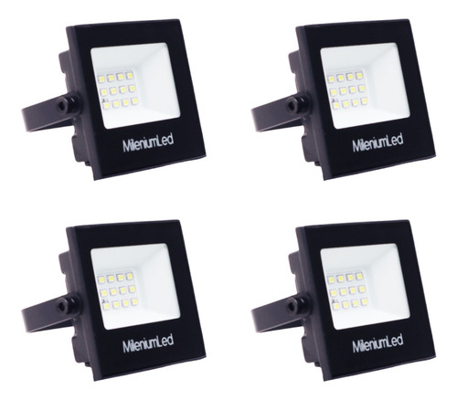 Reflector Led 10w Inter/exter Proyector Milenium Led Pack X4 Carcasa Negro Luz Blanco Frío
