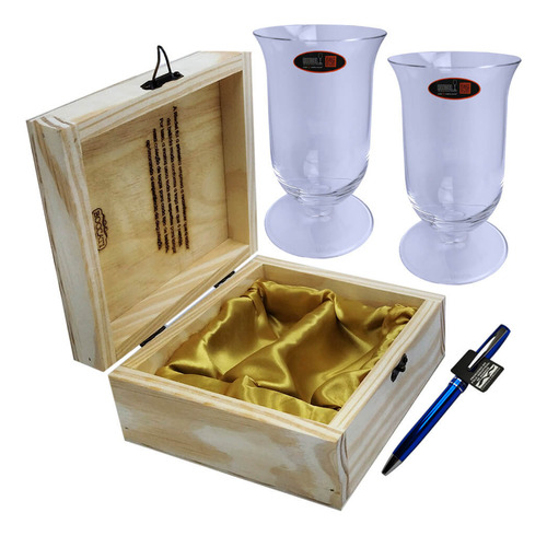 Kit Riedel Bar 2 Taças Whisky Caneta Crown Caixa De Madeira