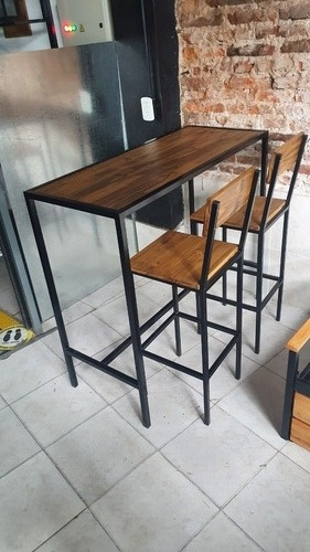 Mesa Barra Desayunador 120x50 + 2 Taburetes Hierro Y Madera