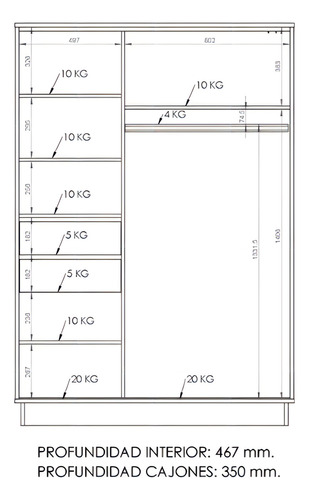 Placard Blanco De 2 Puertas Corredizas De 1,35 M Con Cajones Blanco