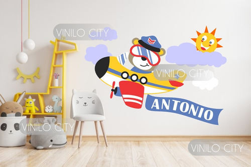 Vinil Decorativo Infantil Osito En Avion Con Nubes Y Sol