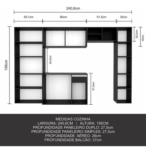 Armário De Cozinha 5 Peças Liris Preto - Móveis Arapongas Cor Preto Fosco