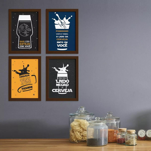 Quadros Geek Com Frase Jedi 33x43cm Moldura Marrom Kit 4un