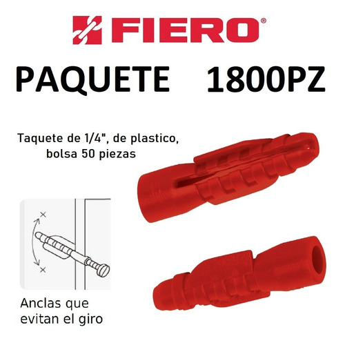 Taquete Plástico Rojo Intemperie 1/4 Fiero ( 1800pz )
