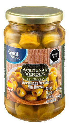 3 Pza Aceitunas Verdes Great Value Sin Hueso 340 G