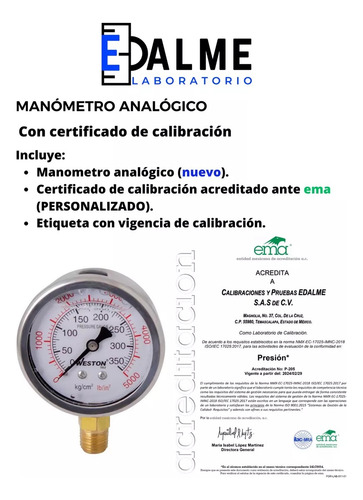 Manómetro Calibrado 1000 Psi (certificado Ante Ema)