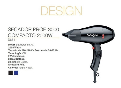 Secador De Pelo Compacto 2000 Watts Ion Ac D6611 Duga