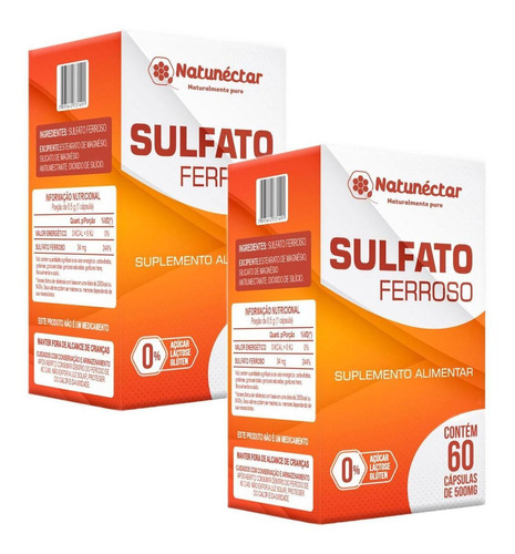 2x Sulfato Ferroso - 500mg 60 Cápsulas - Natunéctar Sabor Sulfato Ferroso Tratamento De Anemia