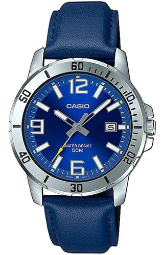 Relógio Masculino Casio Prata E Azul Data Pulseira De Couro