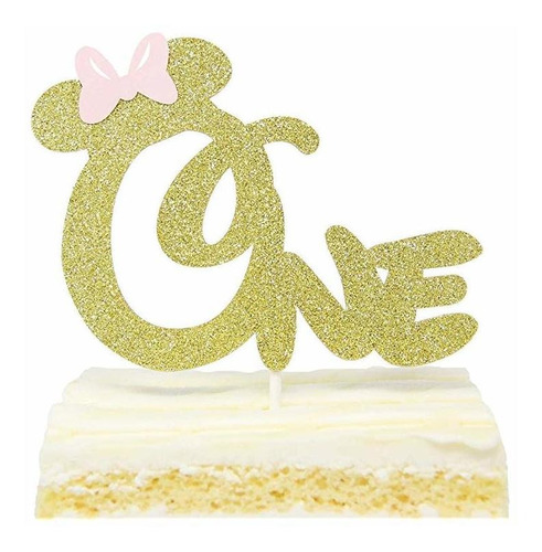 First 1st One Year Birthday Cake Topper - Gold Glitter Minni