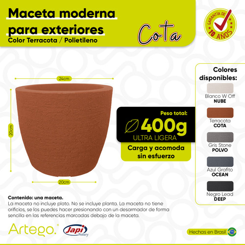 Maceta Moderna Para Exteriores Compacta De 20 Cm De Alto Cota Color Terracota De Polietileno Ultra Ligera Artego Japi Hecho En Brasil