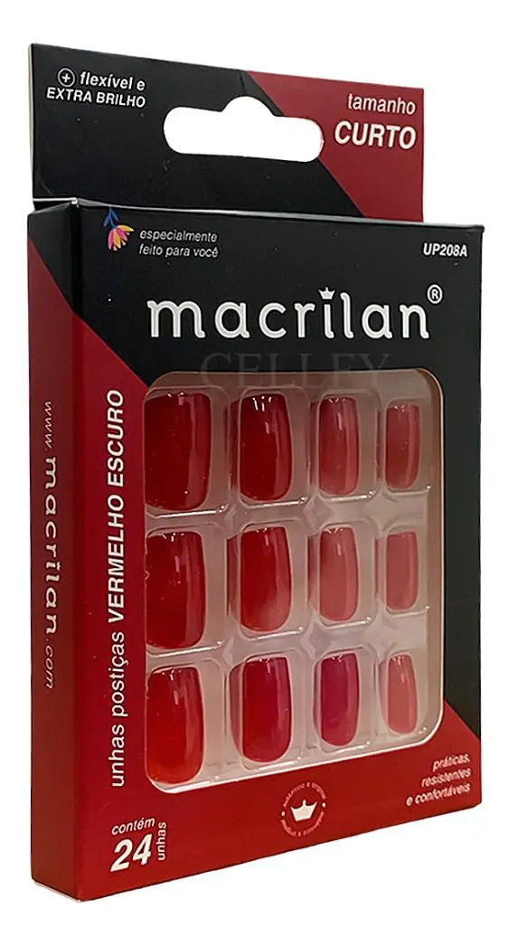 Unhas Postiças Tamanho Curto 24un Resistente Macrilan Cor UP208A Vermelho