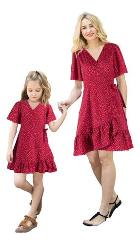 Vestido De Encaje De Lunares De Color Sólido De Madre E Hija