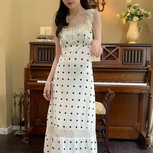 Vestido De Lunares Sin Espalda De Encaje Con Empalme A Media