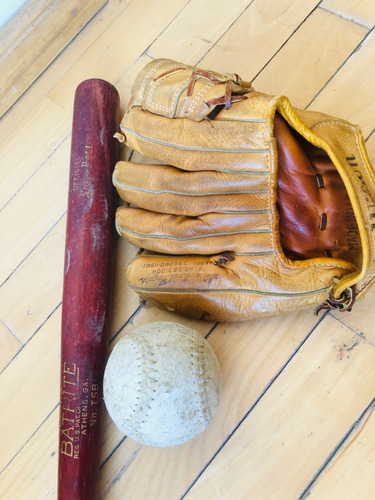 Trío Antiguo Béisbol Bate Pelota E Guante Wilson 1958 (Usado)