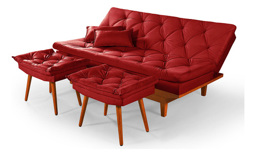 Sofá reclinável Essencial Estofados Caribe de 3 lugares cor vermelho de suede e cor dos pés marrom de madeira