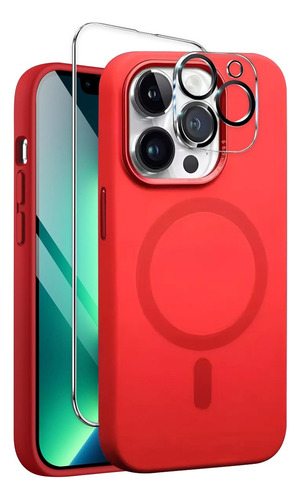 Funda Para Iphone Magsafe + Mica Pantalla + Mica Cámara Kit Rojo Iphone 11 Pro Max