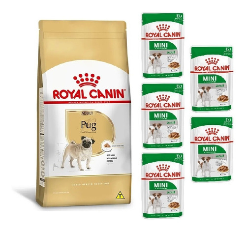 Kit Ração Pug Adult 2,5kg E 5 Sachês Mini 85g Royal Canin