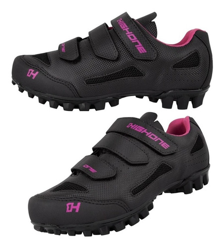 Imagem 8 de 10 de Sapatilha Ciclismo Feminina Mtb High One 3 Velcros Pto/rosa
