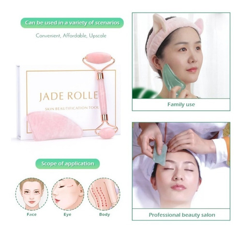 Rodillo Facial Jade Cuarzo Rosa Masajeador Estuche Deluxe