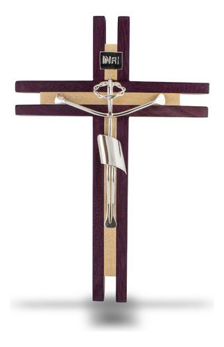 Crucifijo De Pared Cristo Plateado Con Madera Palo De Rosa