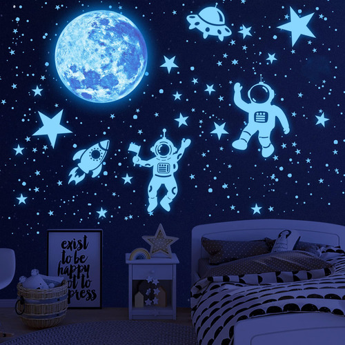 Calcomanías De Pared Brillantes Estrellas, Luna Y Astronauta
