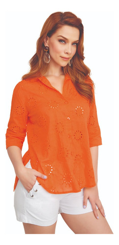 Camisa Casual Dama Naranja Bordada 997-21
