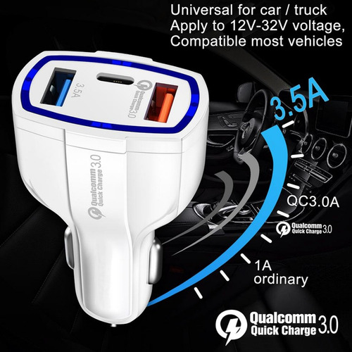 Cargador Usb De Auto Carga Rapida 2 Puertos 1 Tipo C Qc 3.0®