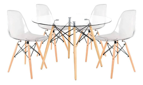 Comedor Mesa Eames De Vidrio 80cm - 4 Sillas Eames Transpare