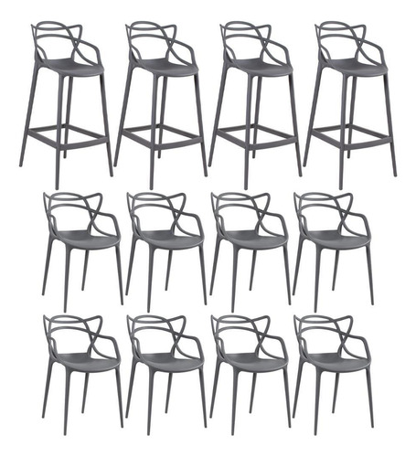 Kit 8 Cadeiras + 4 Banquetas Altas Masters Cinza Escuro