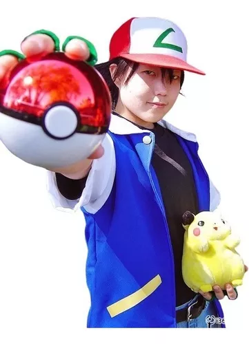 Pokémon Ash Ketchum fantasia de cosplay masculina, jaqueta azul
