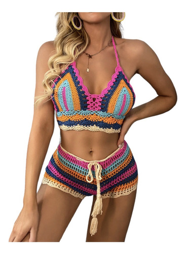 Bikini Tejido Crochet Multicolor Traje De Baño De Dama Mujer