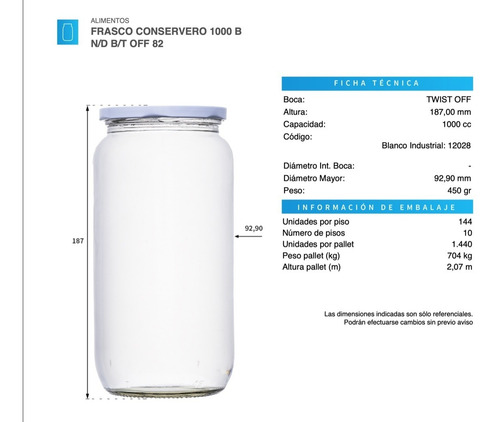 Imagen 3 de 3 de Frasco Conservero De 1000cc Pack 10 Unds Tapa 82mm