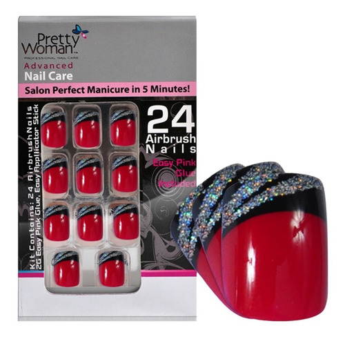 Pretty Woman Uñas Plasticas Acrilicas Set Rojo Y Negro