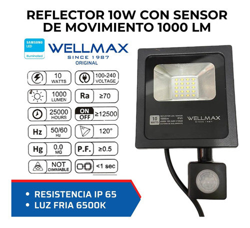 Faro Reflector Led 10w Con Sensor De Movimiento Wellmax 
