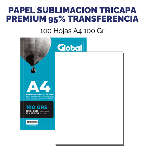 Papel A4 Para Sublimar Y Estampar - 95% Transferencia - 210 X 297 Mm - 100 Gramos - Resma De 100 Hojas - Marca Global Electronics