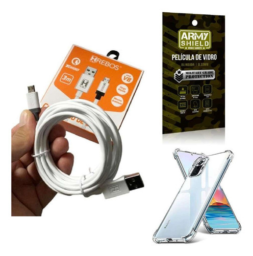 Kit Capinha Redmi Note 10 + Cabo 3 Metros + Película 3d