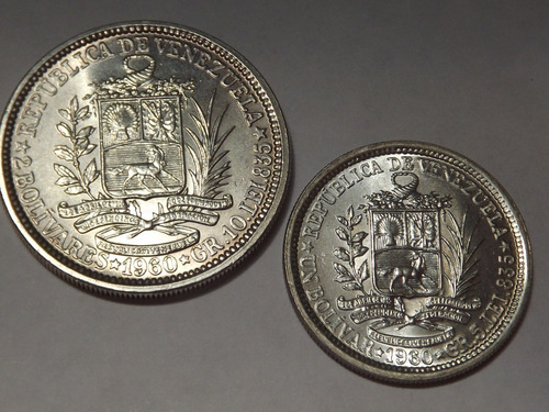 Imagen 3 de 6 de Dos Monedas De Plata: 2 Bolívares Y 1 Bolívar Bs. Año 1965