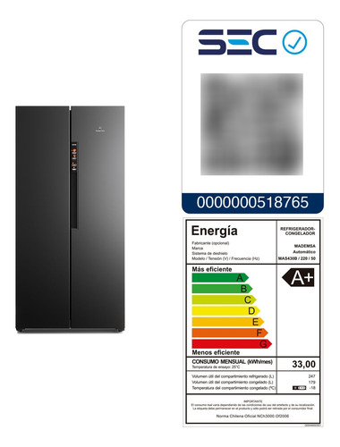 Refrigerador Mademsa 426l Nofrost Side By Side Mas430b Negro