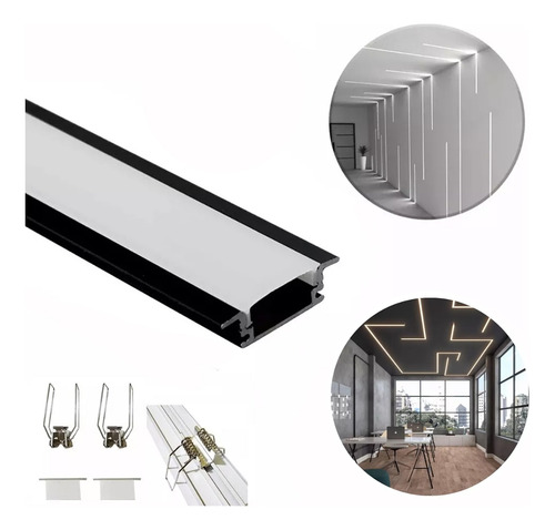 Perfil De Aluminio P/fita Led De Embutir Preto 2 Mt 50x20mm