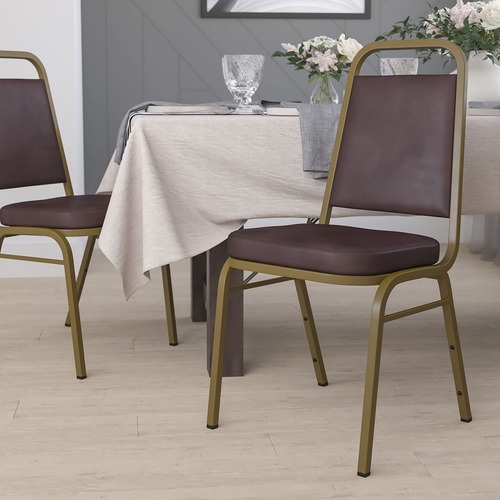 Silla Apilable Trasera Trapezoidal Marco Marrón Vinilo Oro