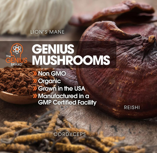 Genius Mushrooms, Melena De León, Reishi, Cordyceps, 90 Unid Sin Sabor