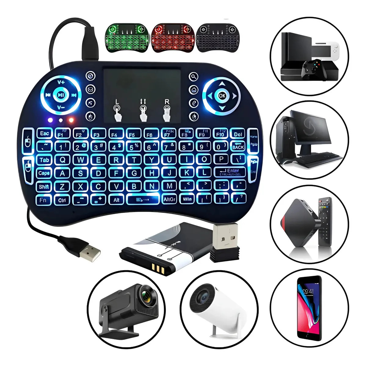 Mini Teclado Smart Tv Box Projetor Pc Wireless Controle Led Preto