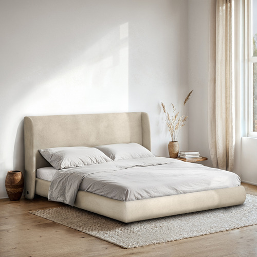 Cama Queen Base Estofada Boucle Com Cabeceira Slim Damie