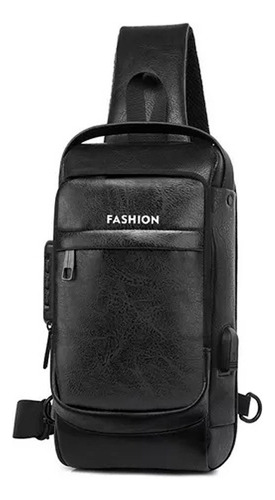 Mochila Pechera Cruzada Antirrobo + Impermeable + Usb Negro Lisa